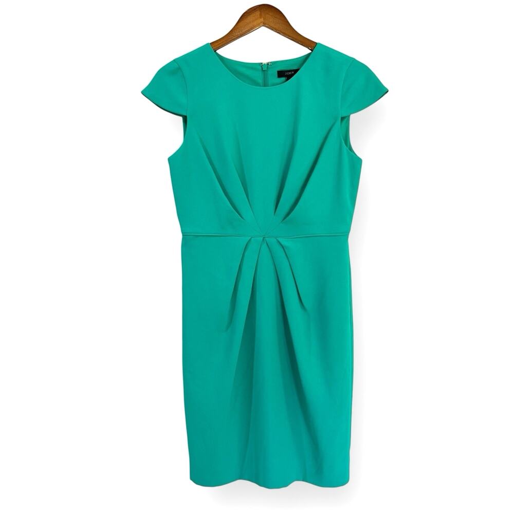 J. Crew Teal Green Pleated Sheath Dress Size 6P Cap Sleeve Modest Business